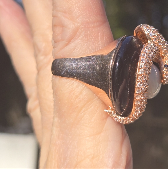 White Sapphire Black Onyx Blown Glass Sterling & Gold Snake Statement Ring Sz8.7 - Picture 11 of 13